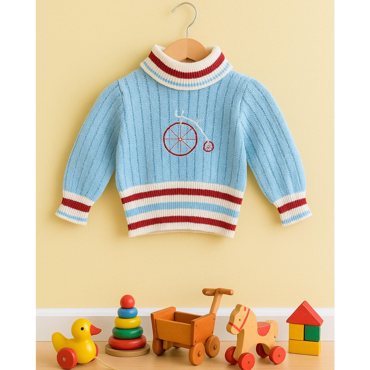 1960s Turtleneck Sweater – Baby Blue with Penny Farthing Embroidery – Size 2T