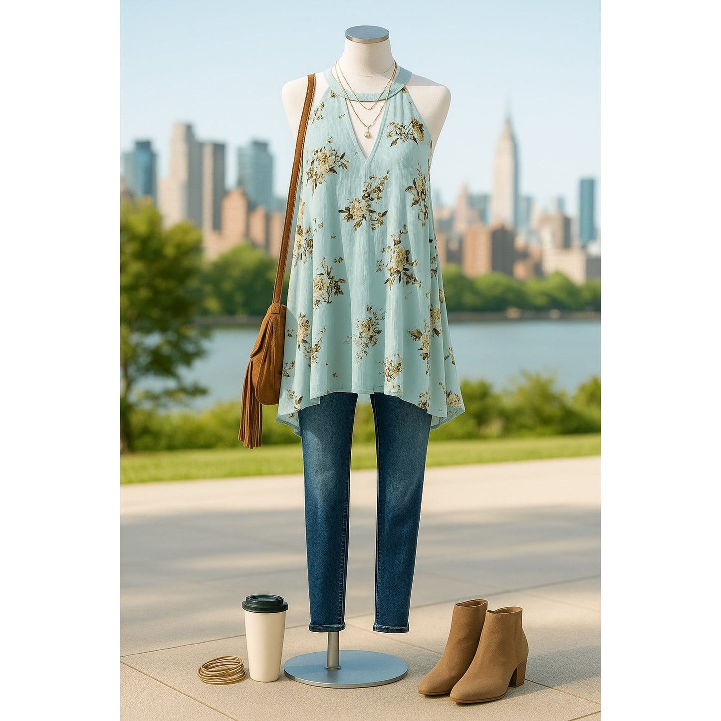 Free People Faded Floral Tunic Dress Women’s Small Mint Brown Sleeveless Swing Crinkle Boho