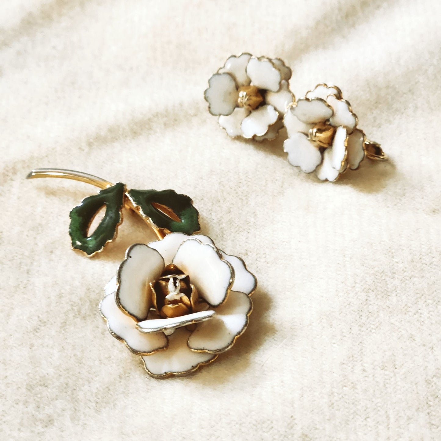 Mid-Century White Enamel Gardenia Flower Brooch & Clip-On Earrings Set