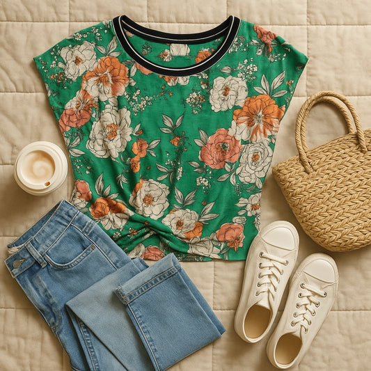 Postage Stamp for Anthropologie Green & Orange Floral Cotton Twist Knot Top – Women Small