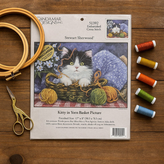 🧵 Kitty in Yarn Basket – Vintage Embellished Cross Stitch Kit by Candamar Designs | Home
