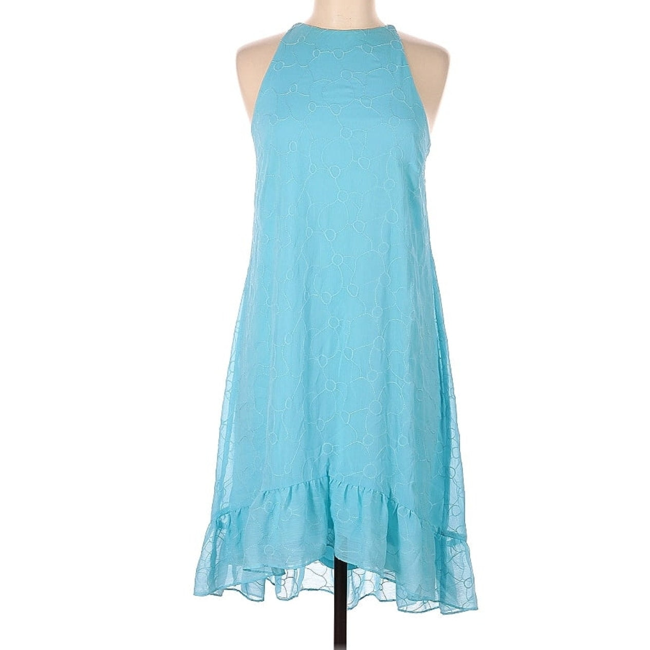 Lauren Ralph Lauren Turquoise Eyelet Embroidered Hi-Lo Halter Dress | Women's Size 8P | Ruffle Hem