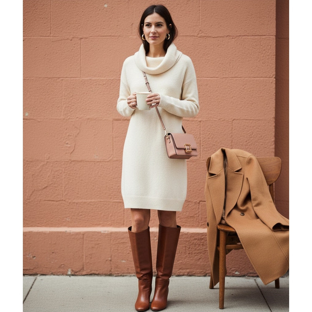 Sonoran Cowl Neck Sweater Dress in Ivory | Women's L | Wool Alpaca Blend