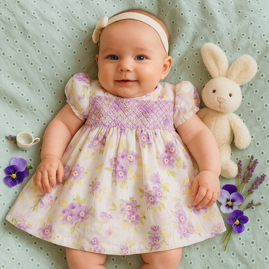 Janie and Jack Layette Hand-Smocked Stripe Dobby Floral Dress Purple Pansy Size 3-6 Months