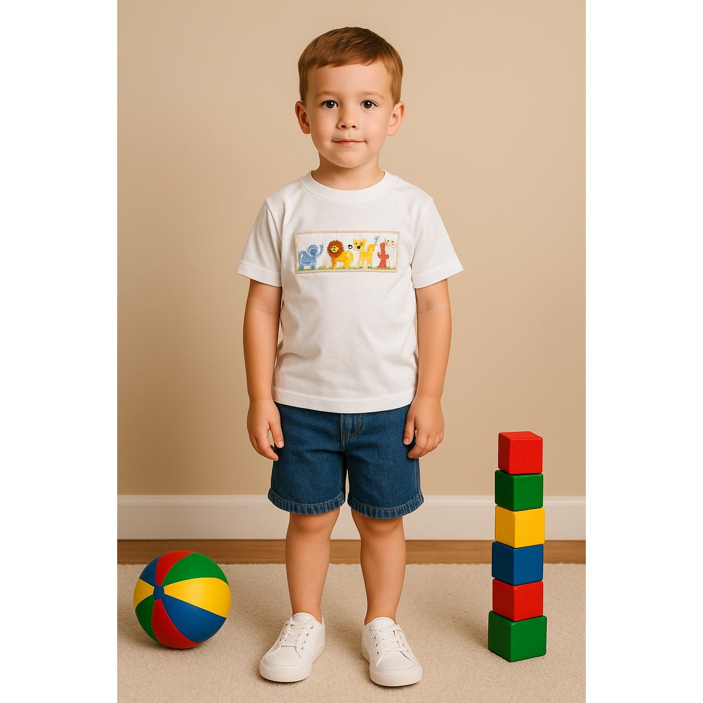 🦁Classic Whimsy Toddler Jungle Animal Smocked Tee – Safari Embroidered Shirt, Kids Size 5