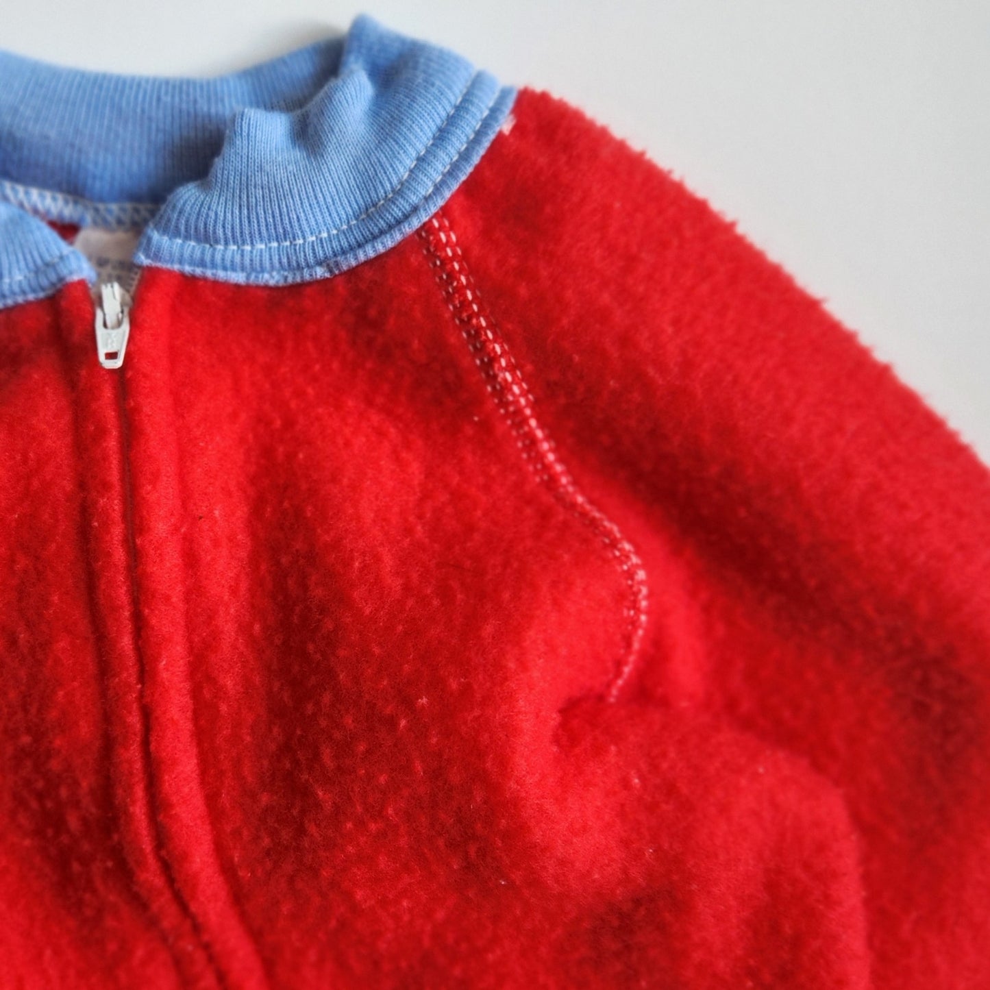 Vintage 1980s Gerber Red Fleece Infant Sleeper – Footed Baby Pajamas with Blue Trim | Zip Closure | Made in USA | Size 7-12 Months