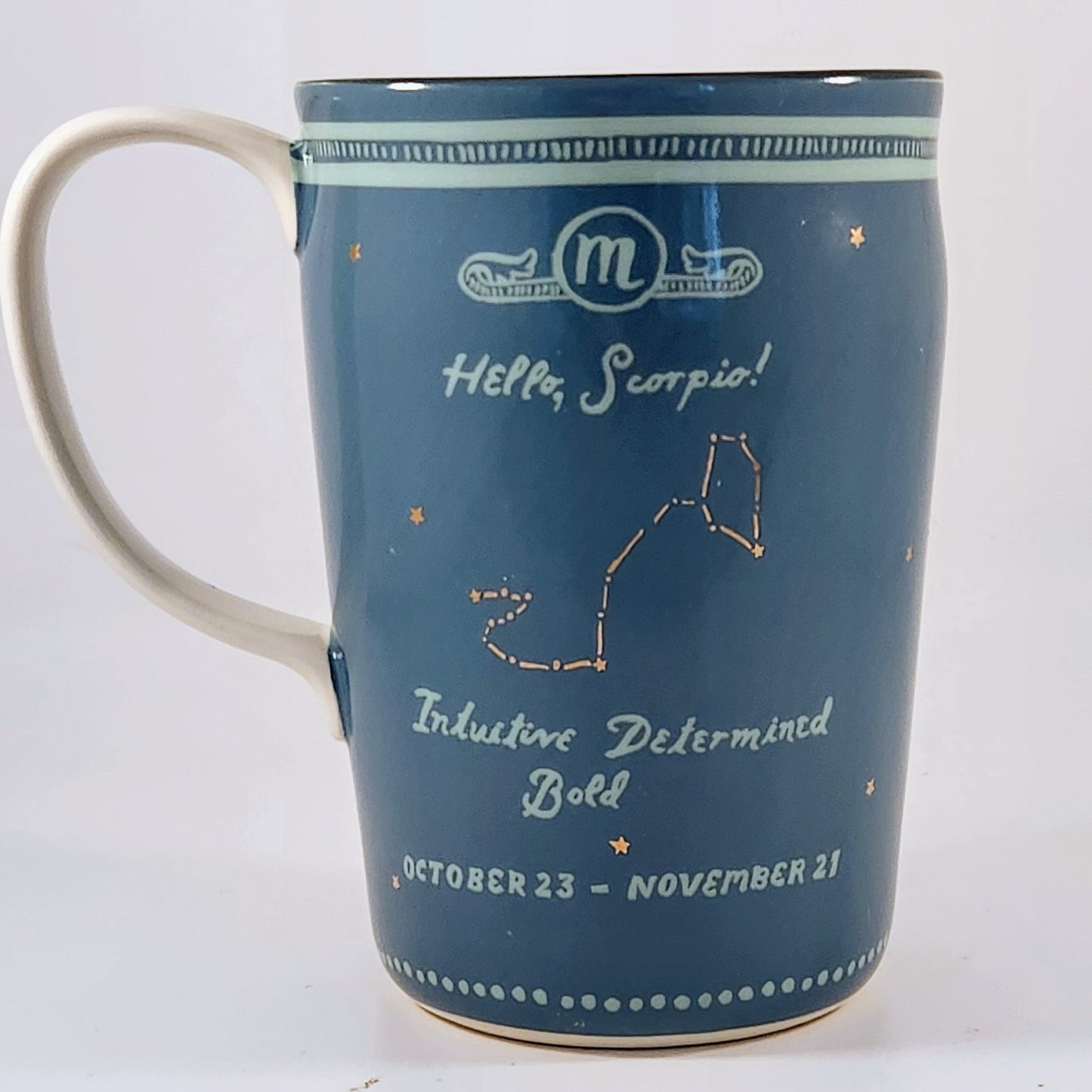 Anthropologie Danielle Kroll Teal & Metallic Gold Zodiac "Scorpio" Mug 14 oz