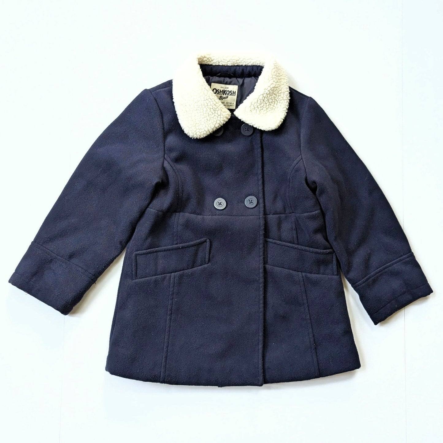OshKosh B’Gosh Girls Navy Double Breasted Faux Wool Coat with Shearling Collar – Size 6 / 6X