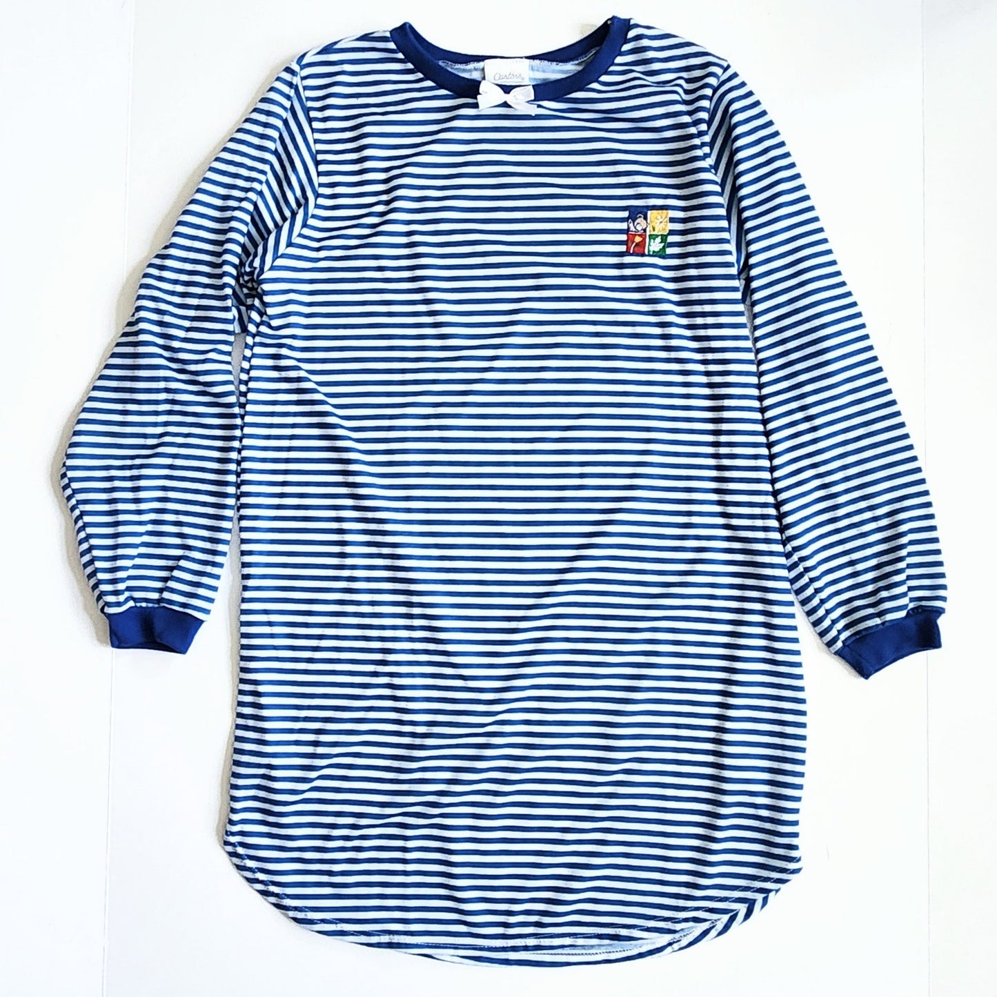 Vintage 90s Carter's Teddy Bear Nightgown | Blue White Striped Long Sleeve Girls Pajama Dress Size 8/10 USA Made