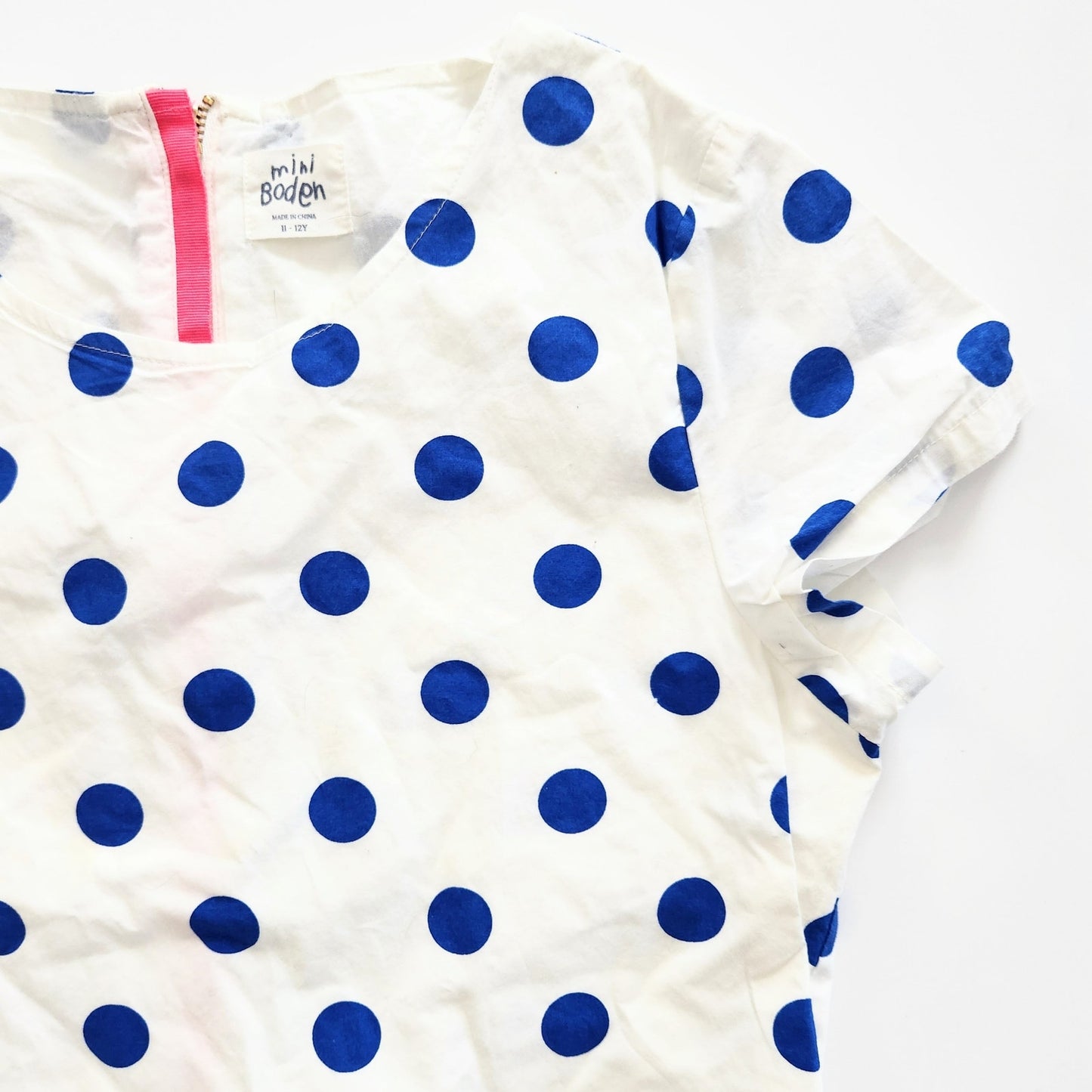 Mini Boden White w/ Bue Polka Dots Short Sleeved Dress Size 11-12 Y