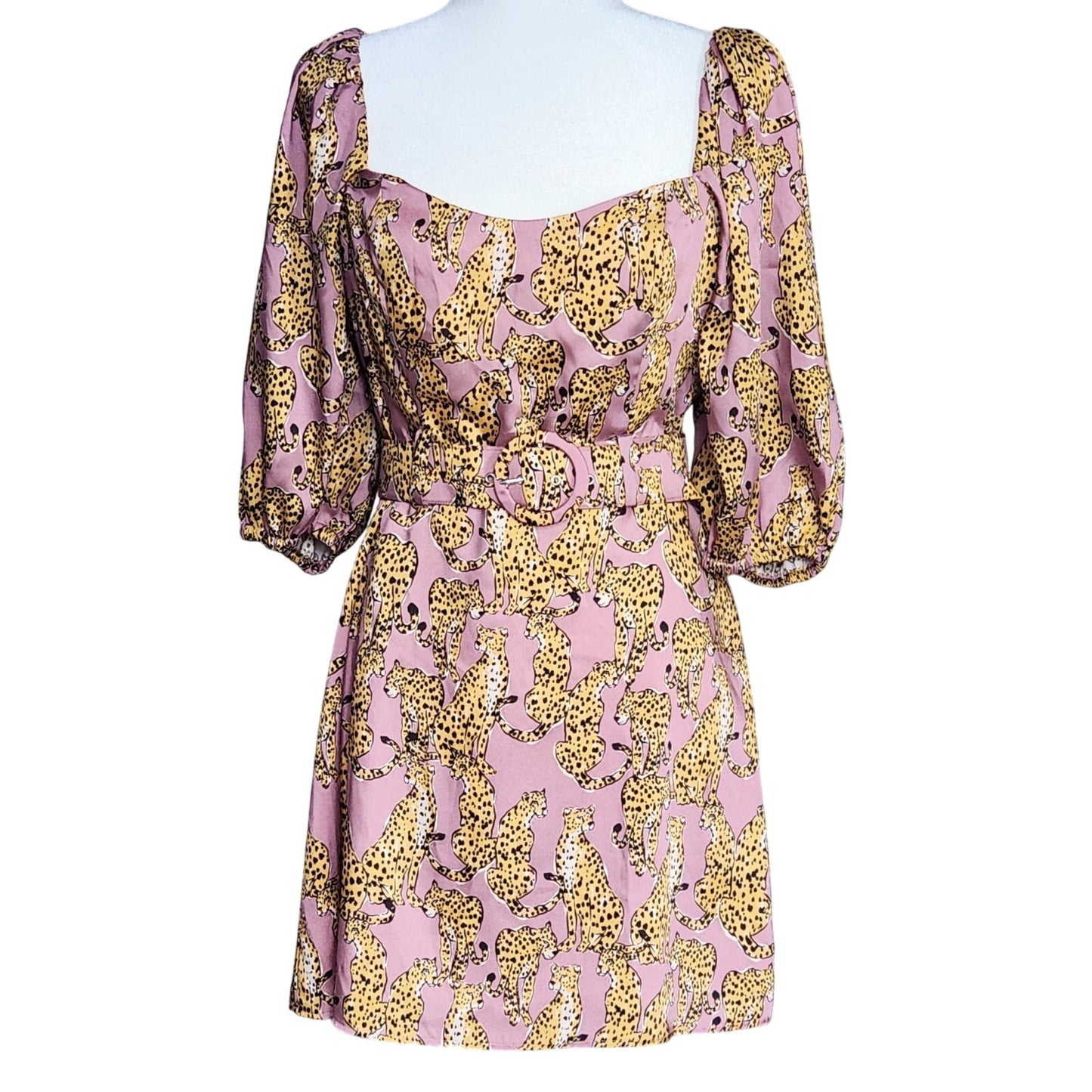 🐆 Lavender Brown Mauve Pink Cheetah Print Mini Belted Dress – Women Size S