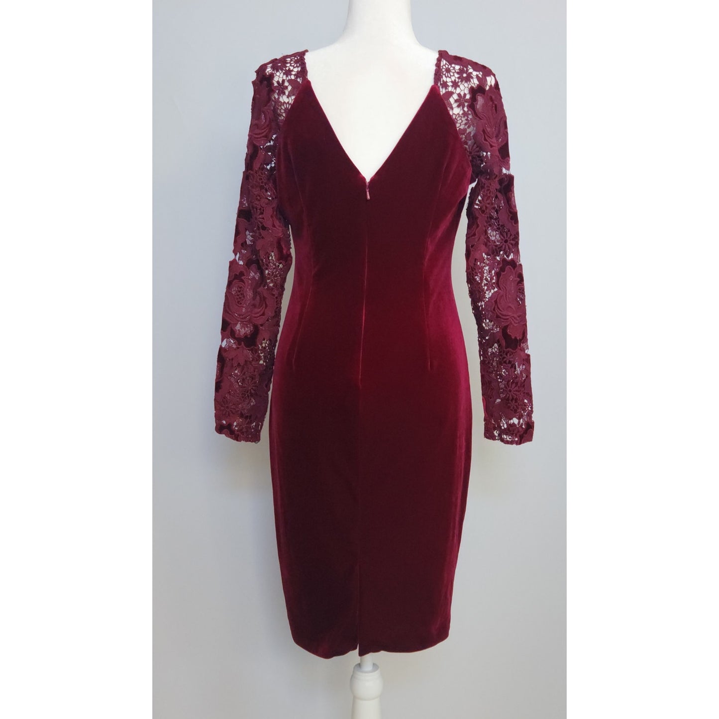Badgley Mischka Burgundy Velvet Lace Sleeve Cocktail Dress