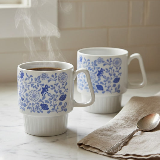 Pair of Vintage Floral Ceramic Stackable Mugs – 1970s Blue & White Scandinavian