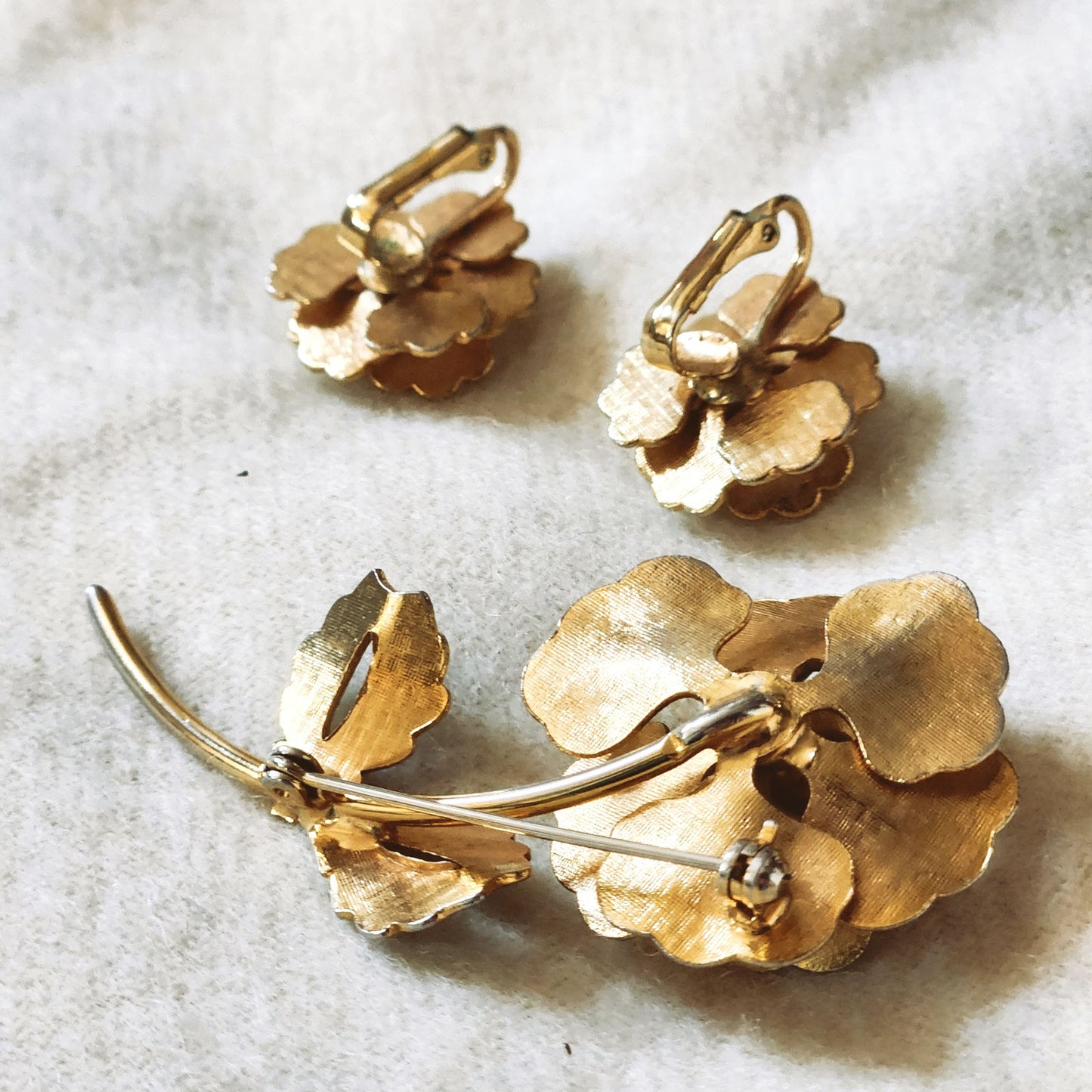 Mid-Century White Enamel Gardenia Flower Brooch & Clip-On Earrings Set