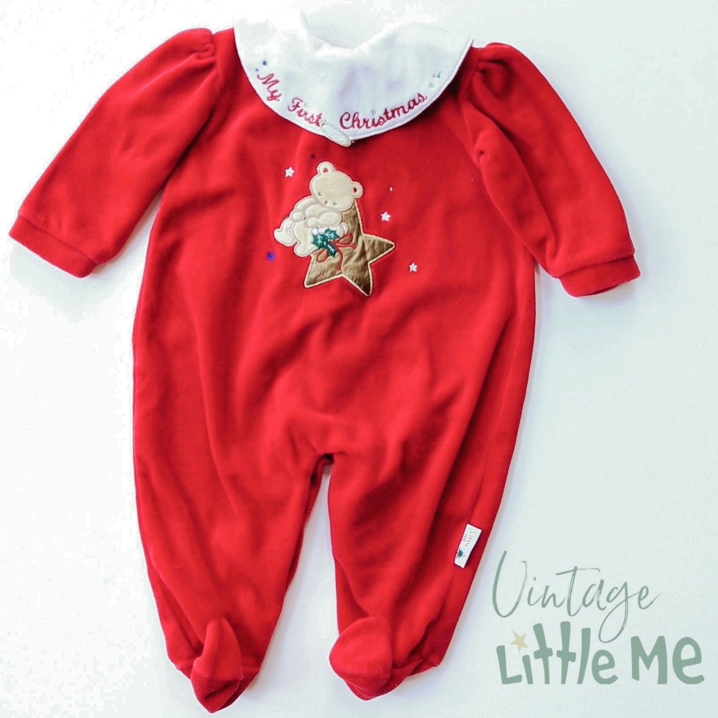 🎄 Vintage Little Me 1990s Red Velour "My First Christmas" Baby Footie – Size 6 Months