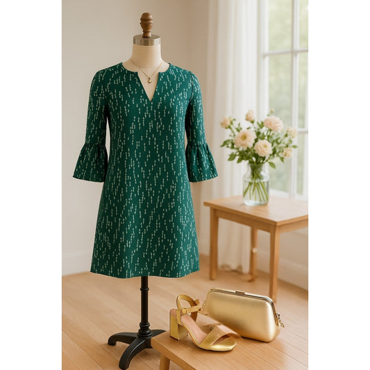 Lilly Pulitzer Women's Elenora Silk Teal & Metallic Gold 3/4 Sleeves Mini Dress Size S