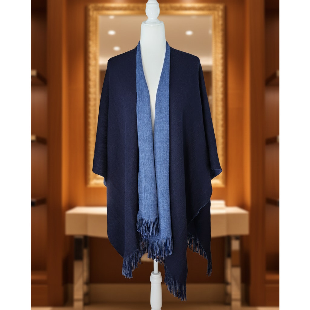 Wool & Rayon Blend Shawl Wrap | Two-Tone Navy & Periwinkle | Reversible Fringe Trim | One Size