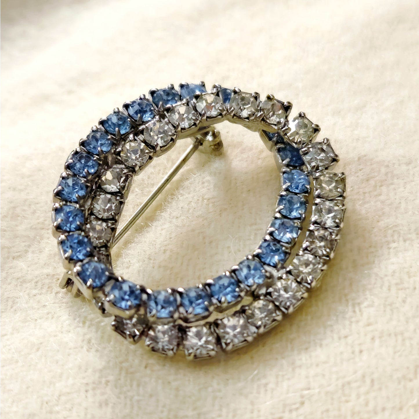 Vintage Sapphire Blue and Diamond Rhinestone Circle Brooch | Mid Century Double Row Wreath Pin