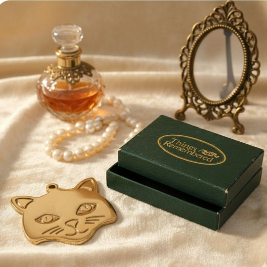 1990s Brass Cat Face Tag with Gift Box – Personalized “Boo-Boo” Pet ID Charm