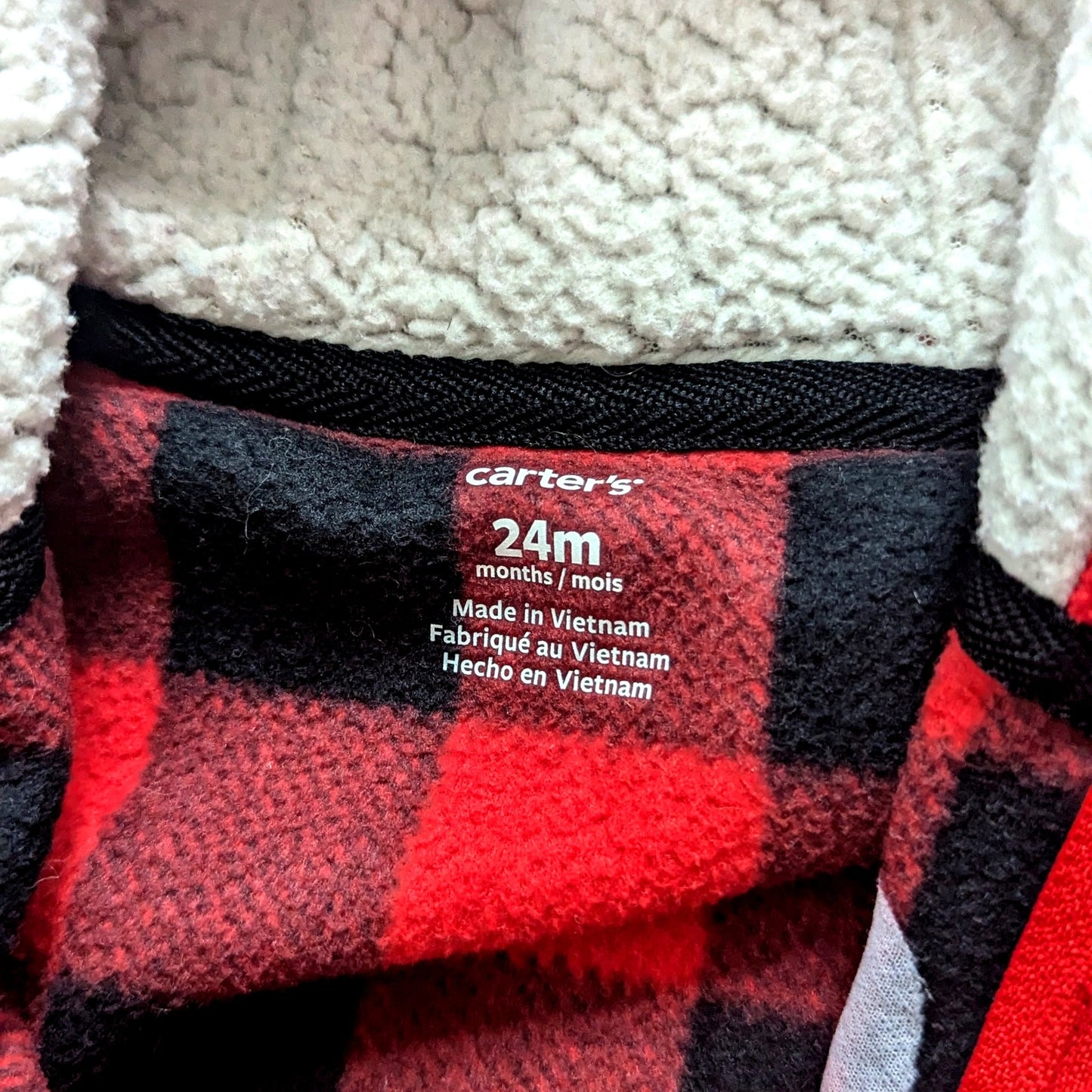 Red Buffalo Plaid Fleece Hooded Jumpsuit | Size 24M | Sherpa Lined Teddy Bear Patch