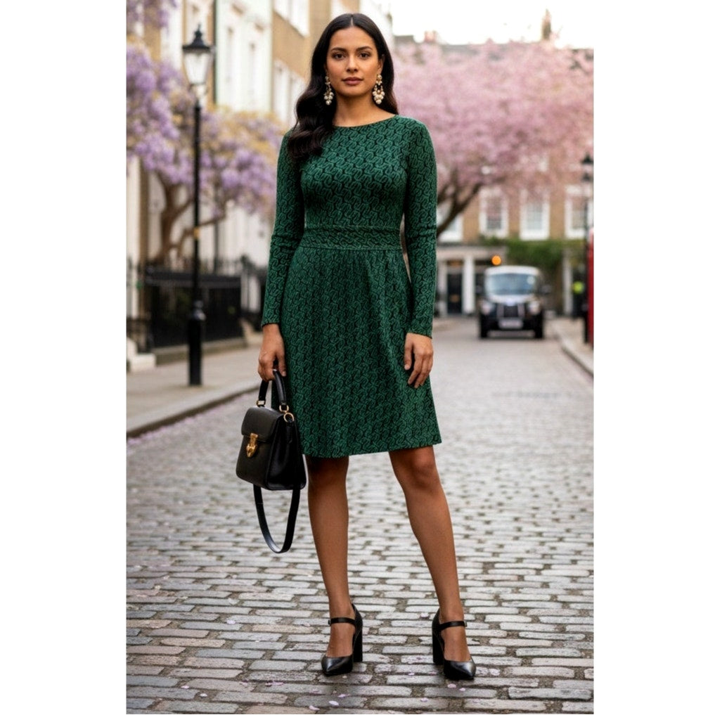 Abigail Long Sleeve Green Geo Jersey Dress | NWT | Women's US 8 UK 12