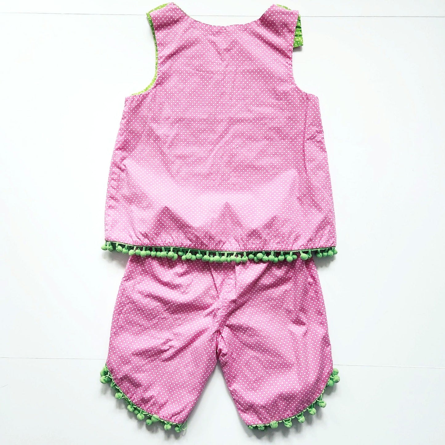 Beaux et Belles Girls 2-Piece Outfit Set | Size 6 | Boutique Smocked Top & Pedal Pushers | Pink Polka Dot with Flip Flop Embroidery