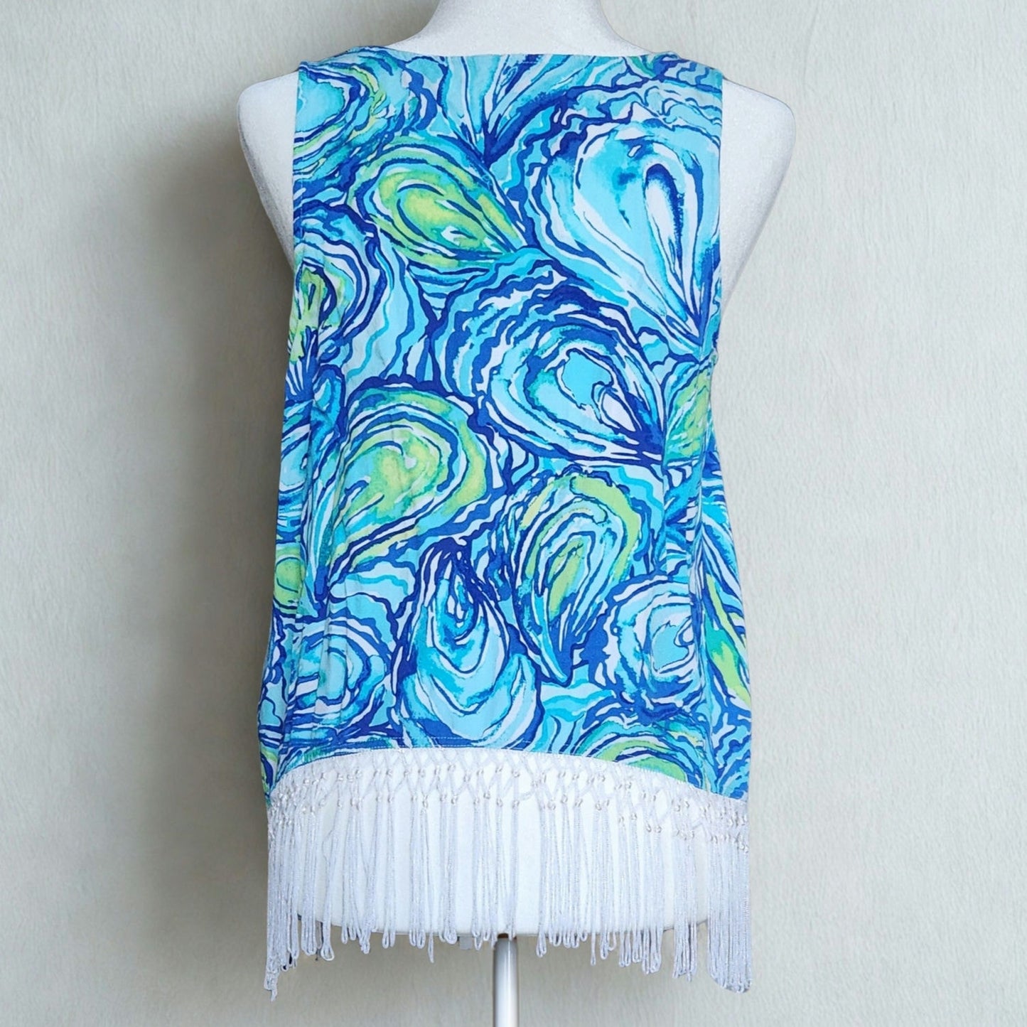 Lilly Pulitzer Women's Sonya Top – Sparkling Blue "Oh Shucks" Oyster Print Fringe Hem Size 8