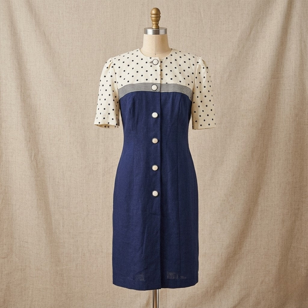 Vintage 1990s Damon Petite Navy and White Polka Dot Dress | Women's 10 | Union Made USA
