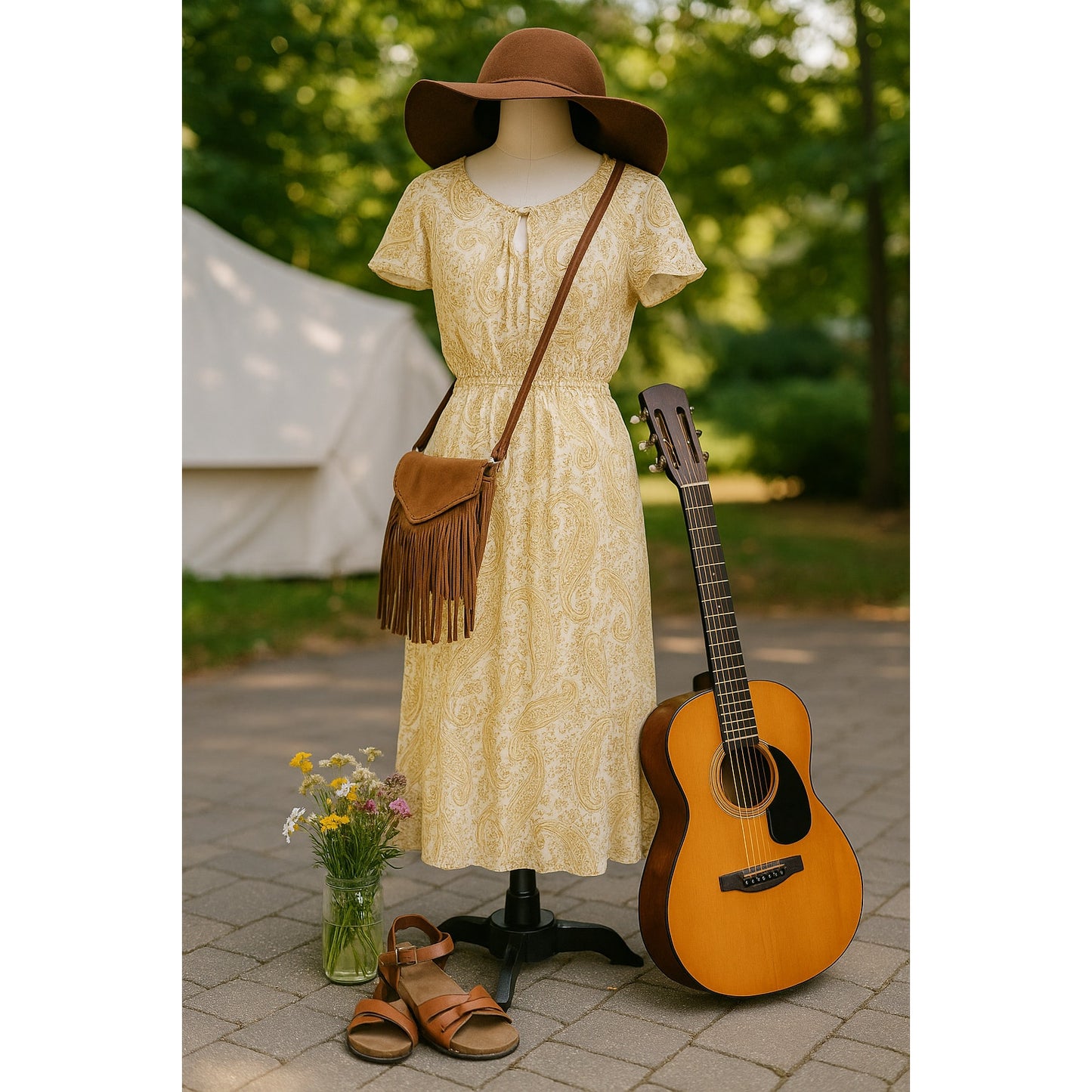 Lucky Brand Yellow Paisley Boho Midi Dress | Women's Size L | Short Flutter Sleeves Lightweight Summer