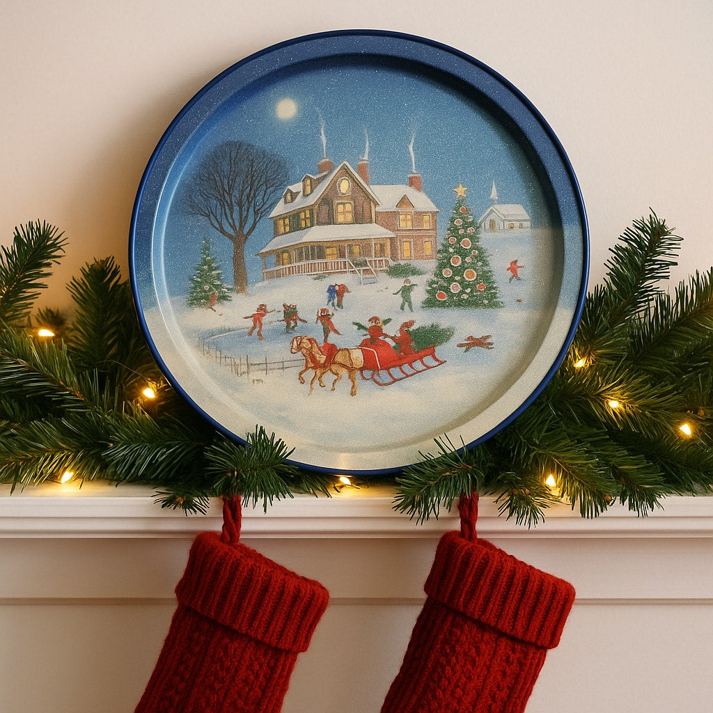 Vintage 1980s Potpourri Press Christmas Tray – Winter Scene with House, Sleigh & Tree, Signed WIM Schimmer, Holiday Home Collectible