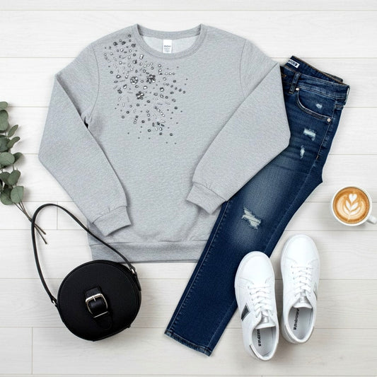 Embellished Gray Crewneck Sweatshirt | Smoky Silver Studs | Women's L