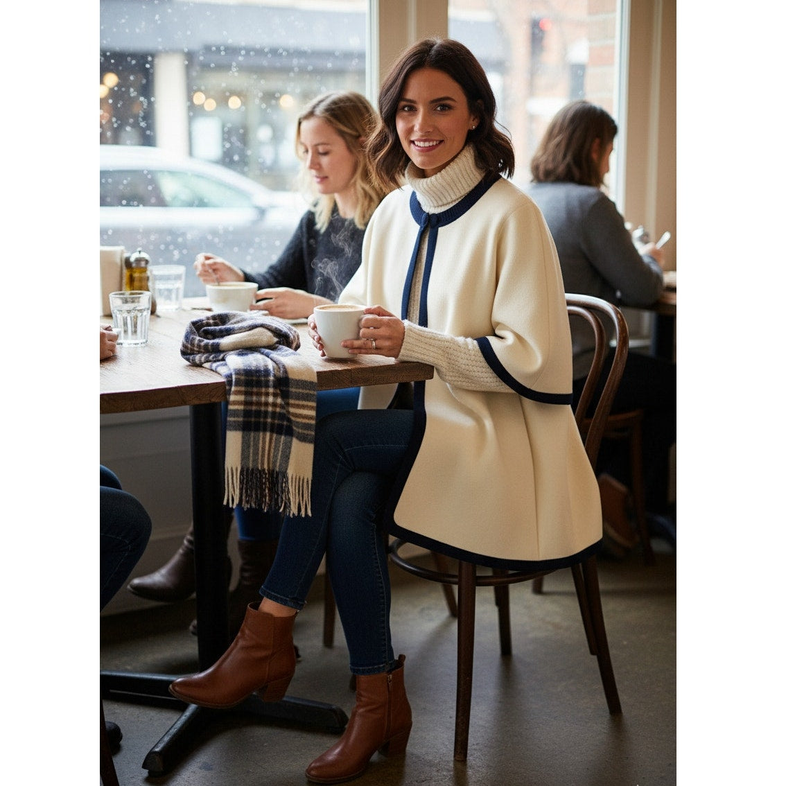 Retro-Inspired Cream Cape Jacket with Navy Trim | Classic Mod Style | Open Front