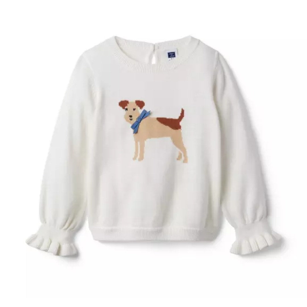 Janie and Jack Ruffle Cuff Dog Sweater | Jet Ivory White Cotton | Girls Size 5
