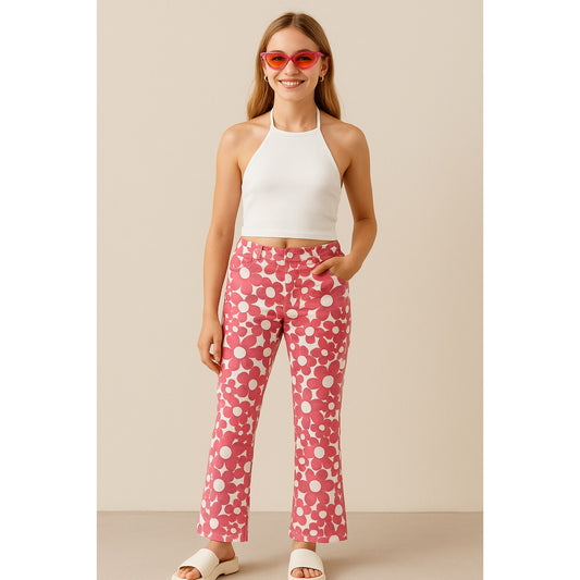 🌸 Mini Boden Vintage 2000s Y2K Pink Flower Power Pants | Flared Bootcut Retro Floral | Girls Size 14Y