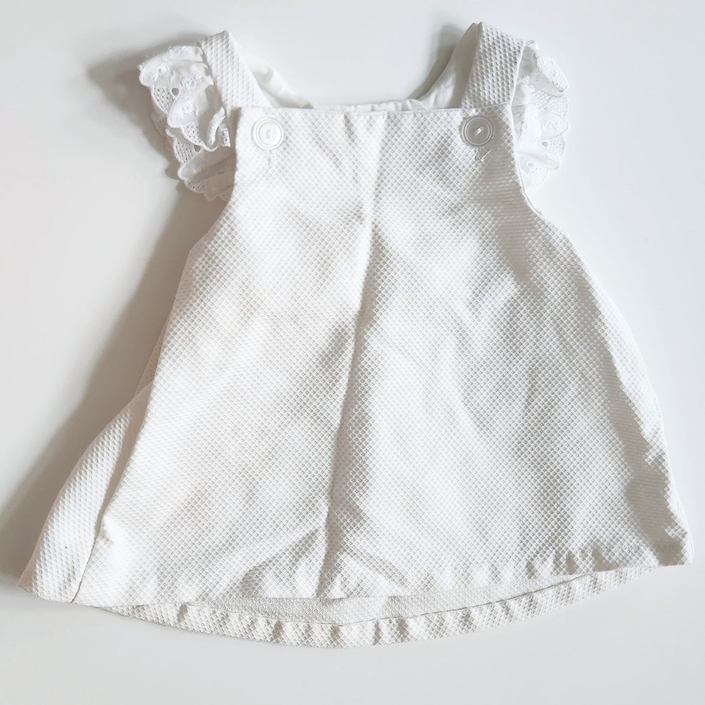 Little Bitty Vintage 1980s Baby Girl Dress 18M – White Waffle Weave with Pink Ribbon, Sailboat & Bear Applique, Eyelet Trim, Made in USA