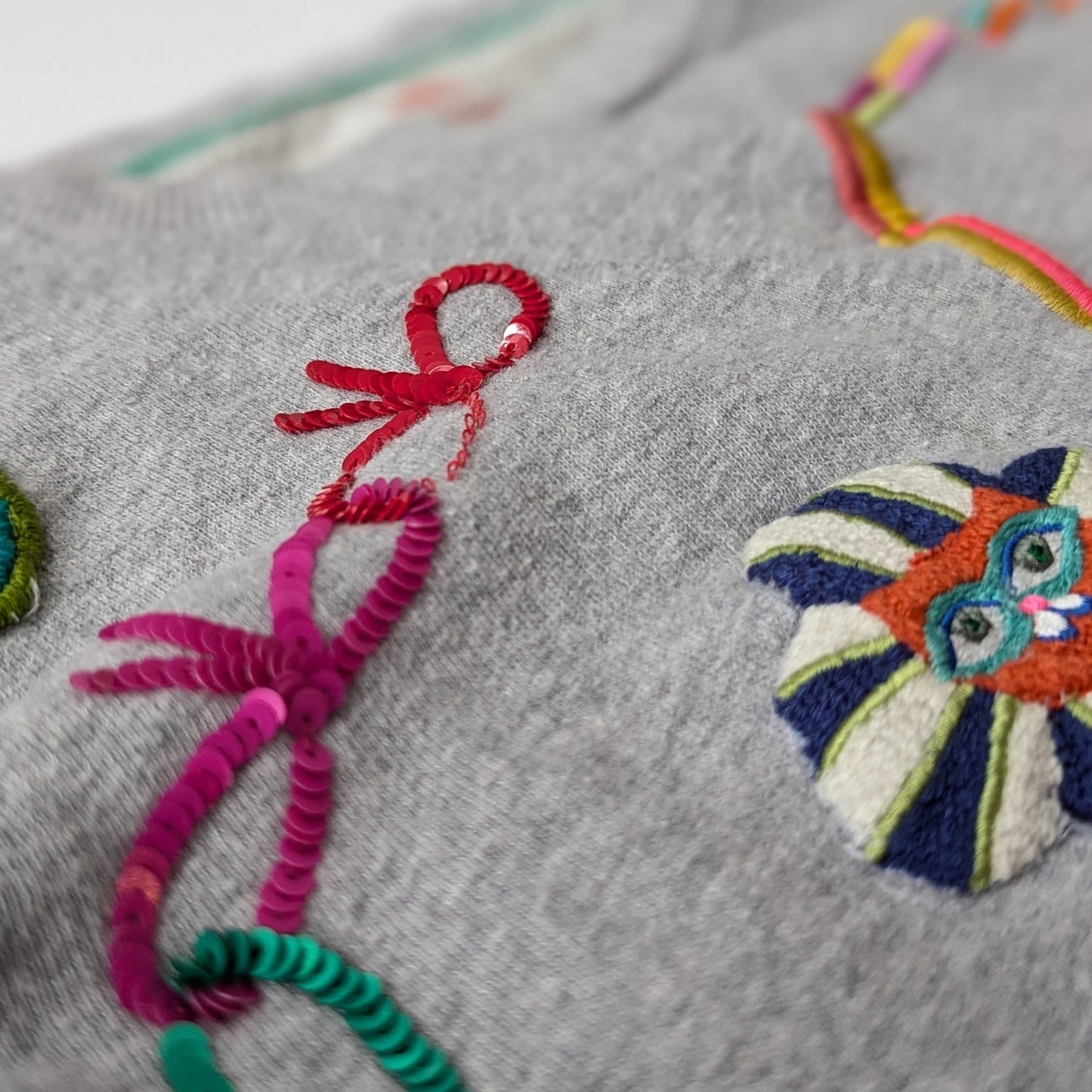 Oilily Believe Sweater Gray Crewneck Girls Size 7 | 122cm Sequins & Embroidery Puff Sleeve Cotton