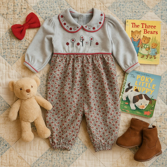 Vintage 1990s Class Club Baby Girl Romper – Floral Embroidered Bubble Suit, Red Gray White, Size 18M – Cottagecore Toddler Outfit