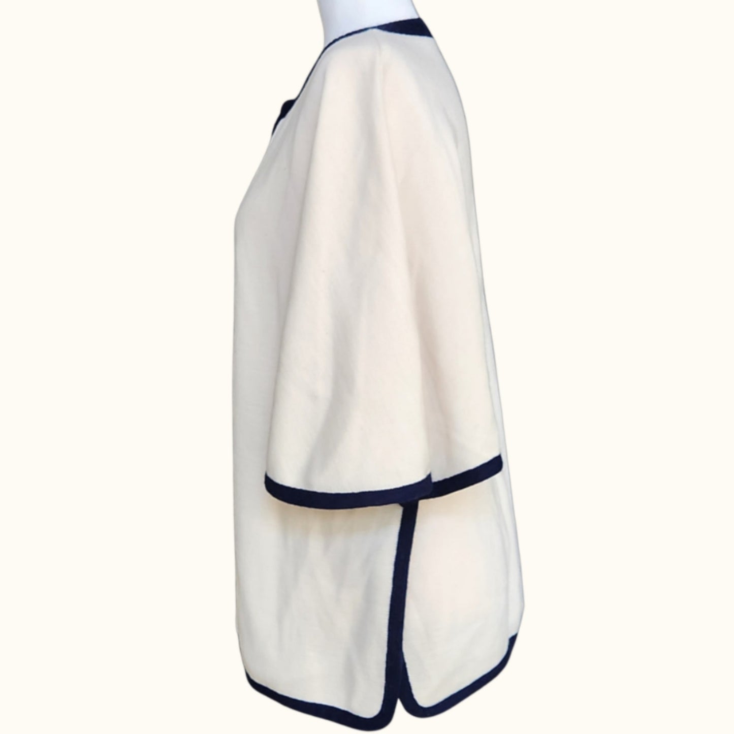 Retro-Inspired Cream Cape Jacket with Navy Trim | Classic Mod Style | Open Front
