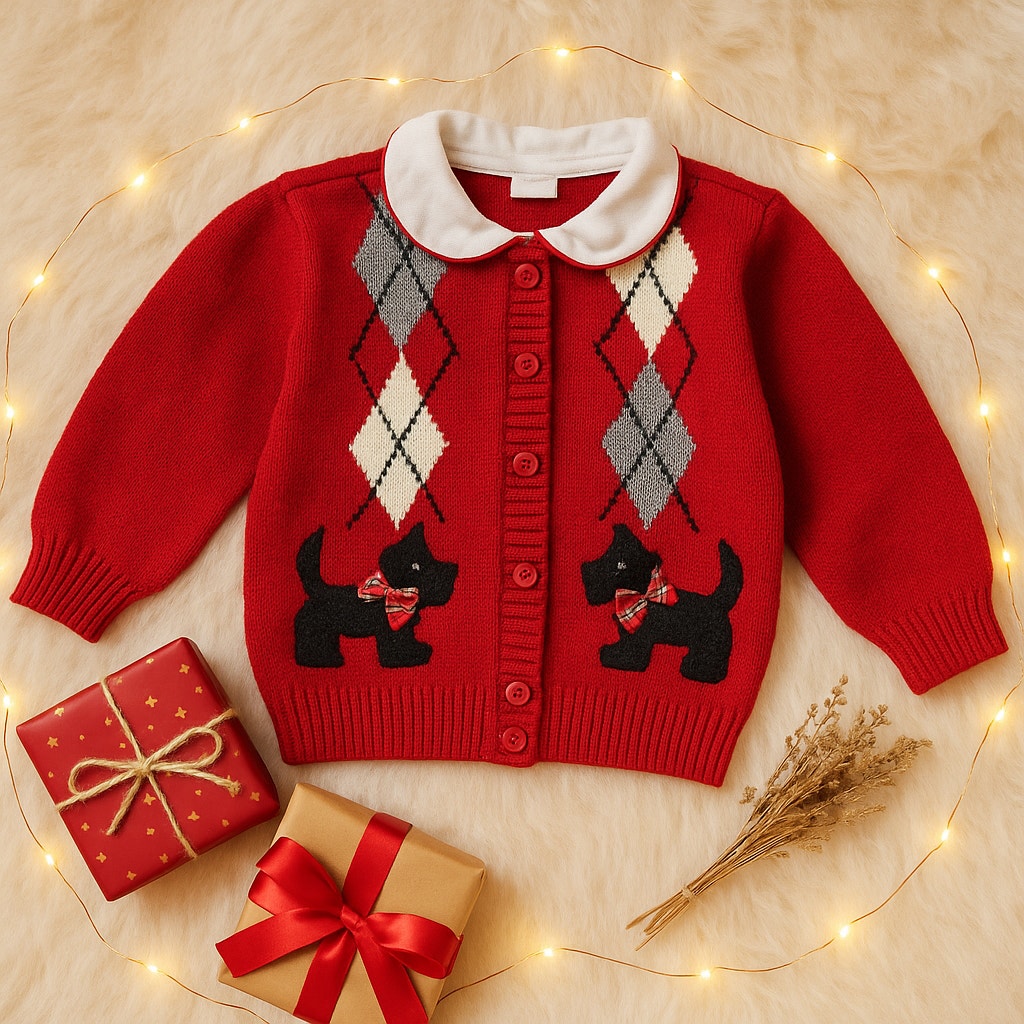 Vintage 90s Toddler Girl’s Red Scottie Dog Cardigan – B.T. Kids 2T – Argyle Sweater with Peter Pan Collar & Plaid Bows