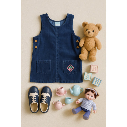 Healthtex Vintage 1980s Girls Navy Blue Corduroy Jumper with Cherries Embroidery | Size 5