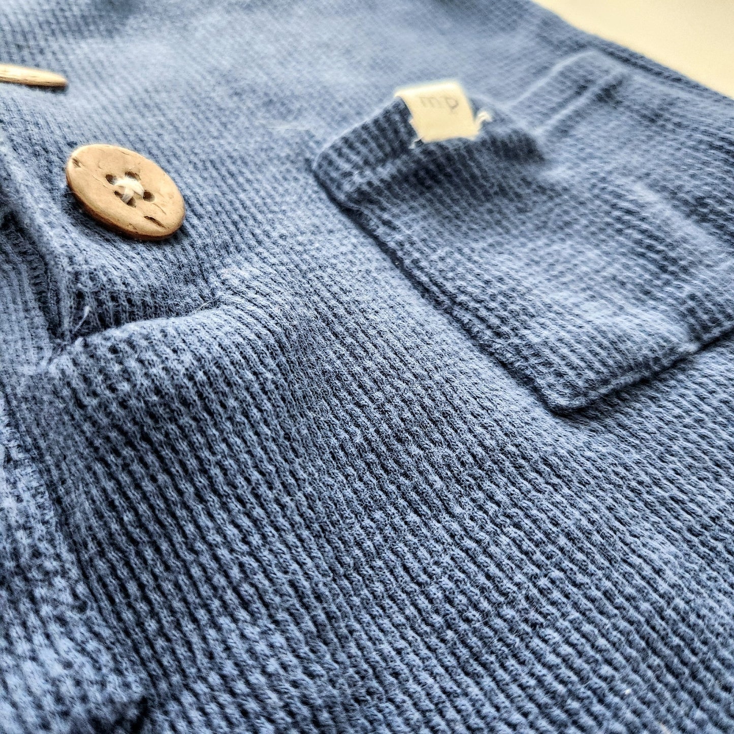 Waffle Knit Romper with Coconut Buttons | Slate Blue | Size 6-9 Months