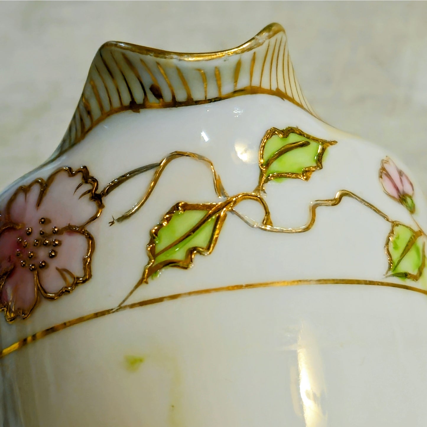 Antique Japanese Nippon Porcelain Cherry Blossom Creamer & Covered Sugar Bowl