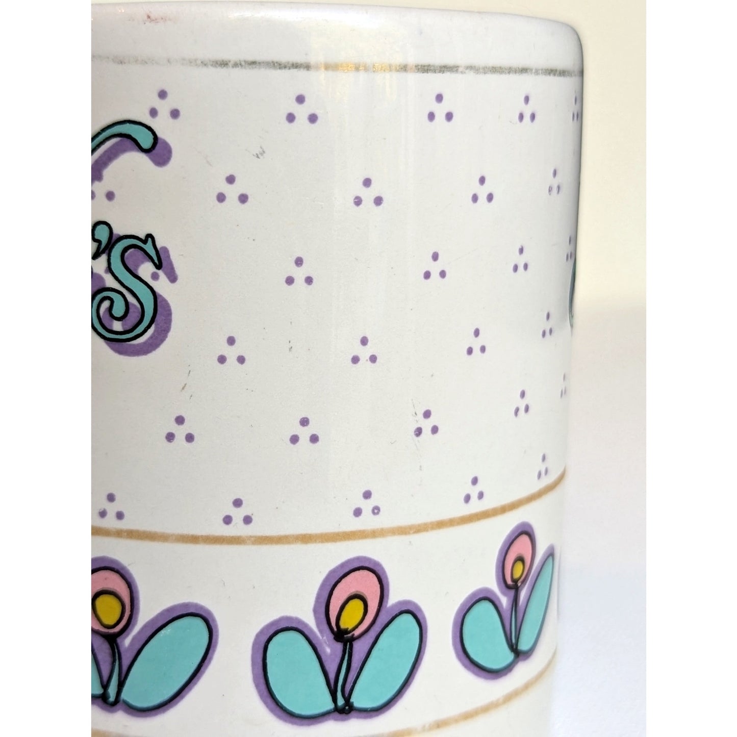 Vintage 1990s Mother’s Day Mug | 1994 Retro Ceramic Coffee Cup | Aqua & Purple Floral Design | Home Gift for Mom
