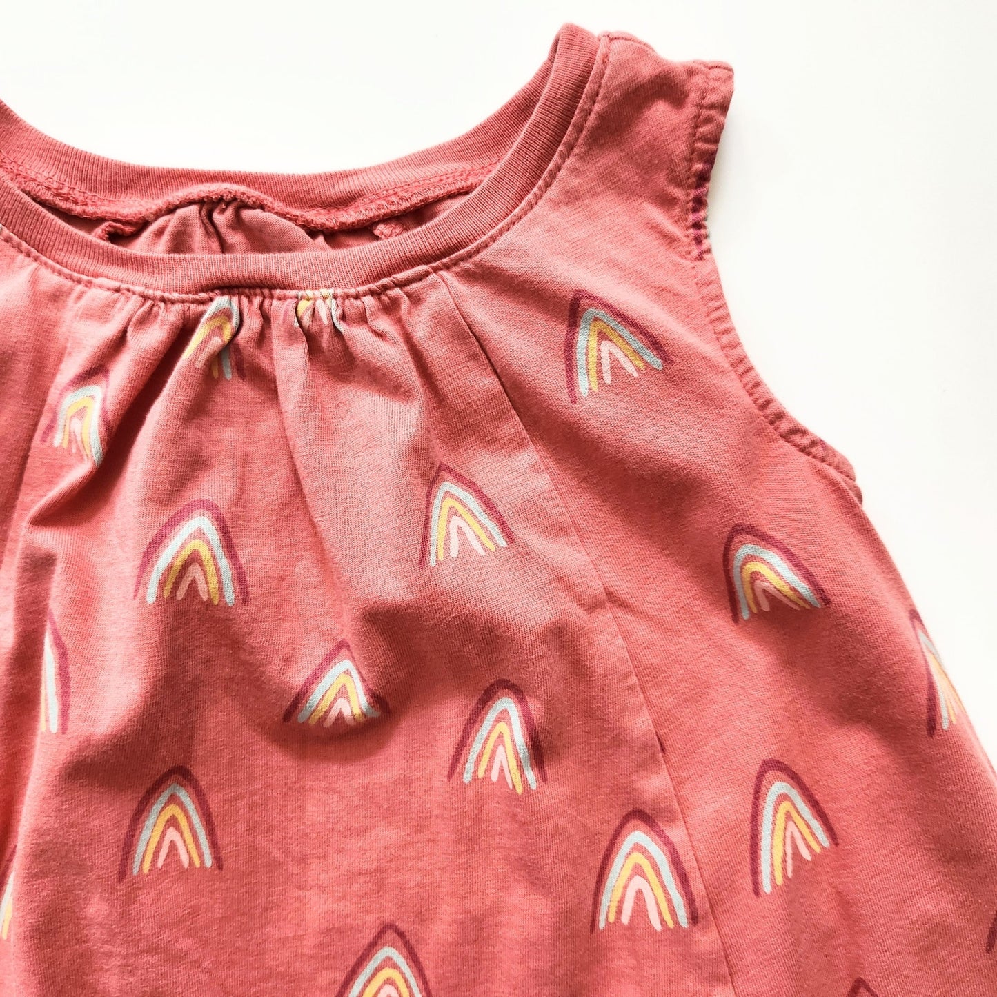 Tea Collection Coral Pink Sleeveless Rainbow Cotton Trapeze Dress Size 5 EUC