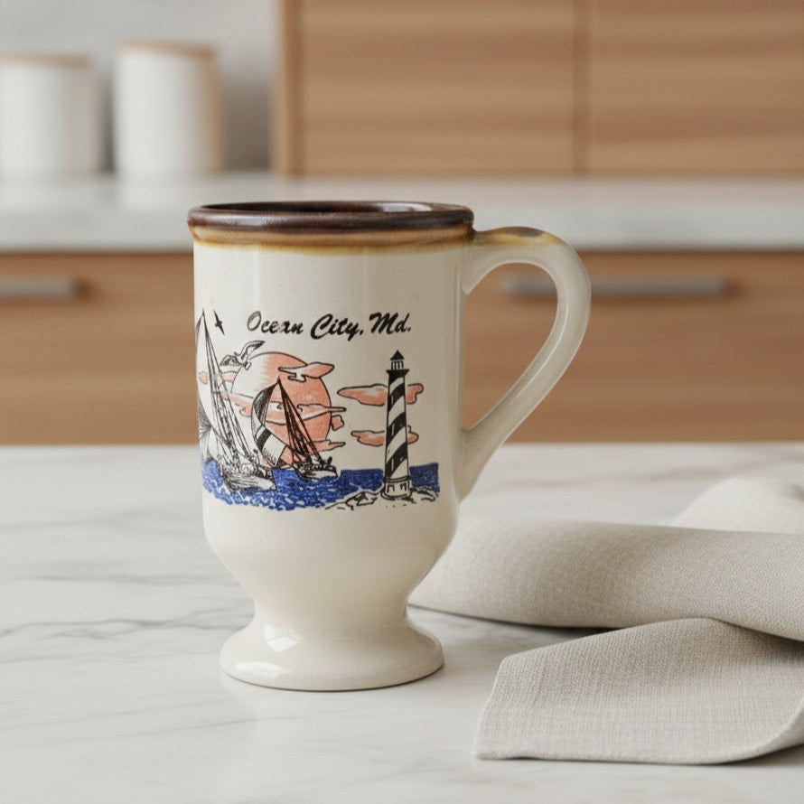 Vintage Ocean City, Maryland Mug Set – Nautical Sailboat & Lighthouse – 1980s Maryland Souvenir Coffee Cups – Coastal Barware Pair