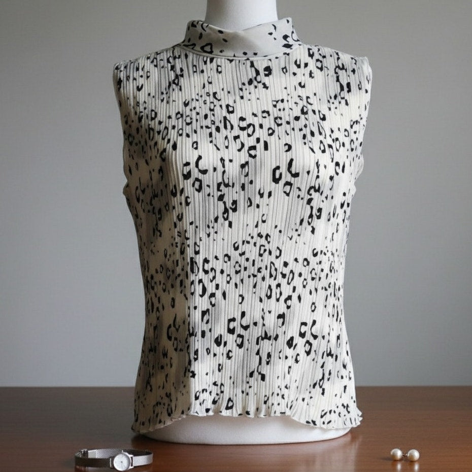 1980s Leopard Print Blouse | Sleeveless Pleated Ivory Black Top | Women's S