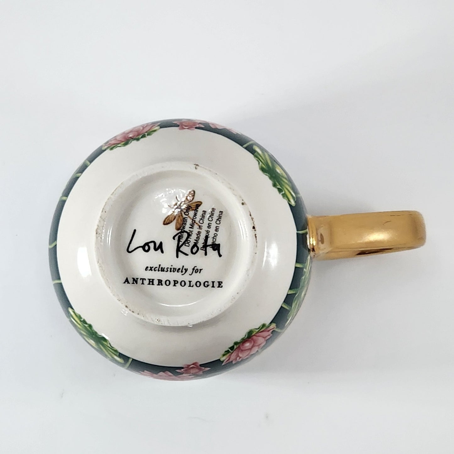 Anthropologie Lou Rota Monogram Mug “W” Green Floral Lotus Design w/ Gold Handle | Home