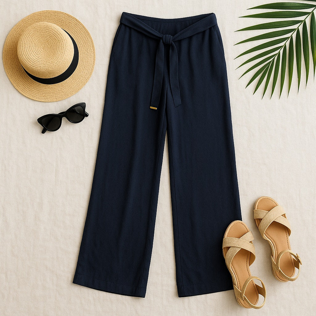 Michael Kors Wide Leg Pants Navy Blue Viscose Tie Waist | Women's 10