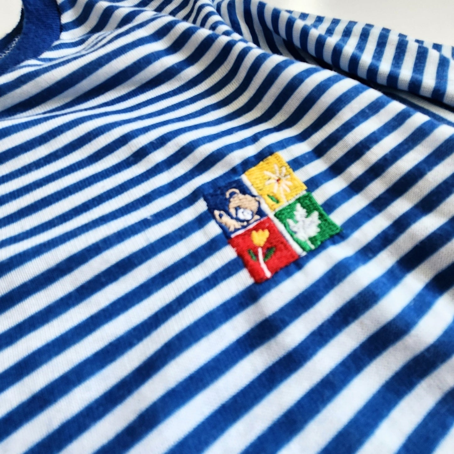 Vintage 90s Carter's Teddy Bear Nightgown | Blue White Striped Long Sleeve Girls Pajama Dress Size 8/10 USA Made