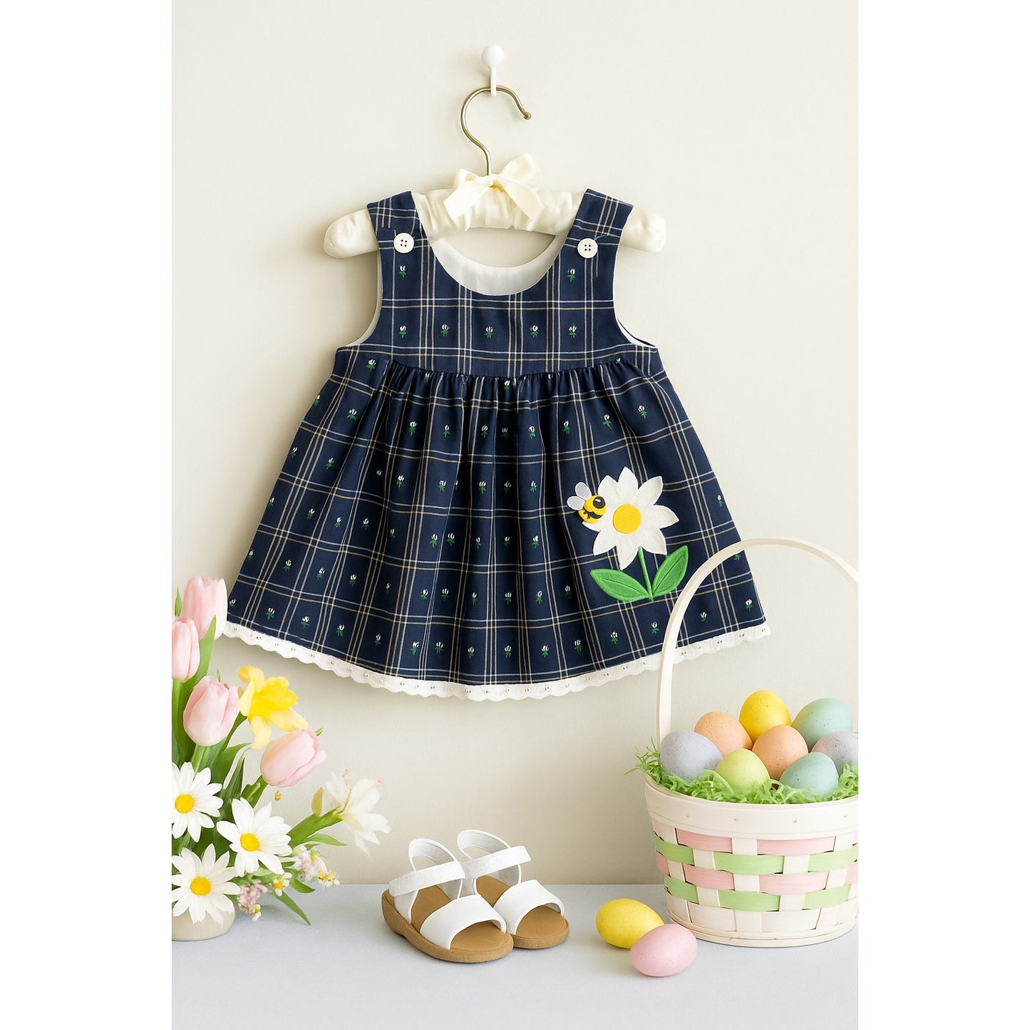 Vintage 1980s Good Lad Daisy & Bumblebee Jumper Dress | Baby Girl 18 Months | Navy Blue Plaid with Appliqué Flower & 3D Bee | Made in USA | NWT